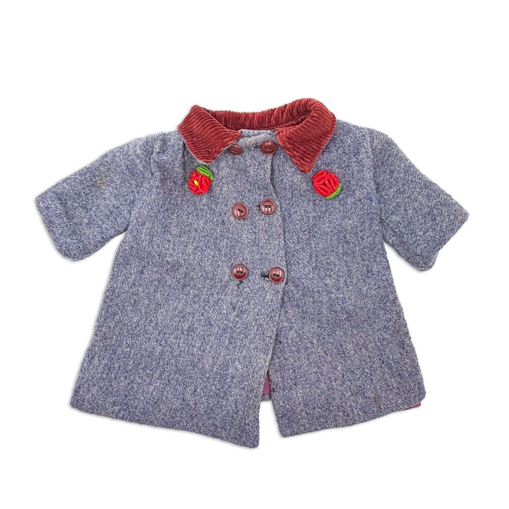 Vintage Infant Doll Wool Coat 3D Rose Accent Corduroy Collar 40s 50s